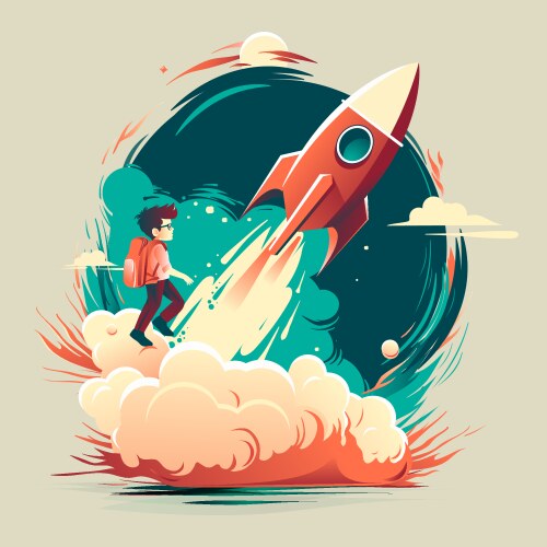 Boy with a backpack on the rocket space moon vector image