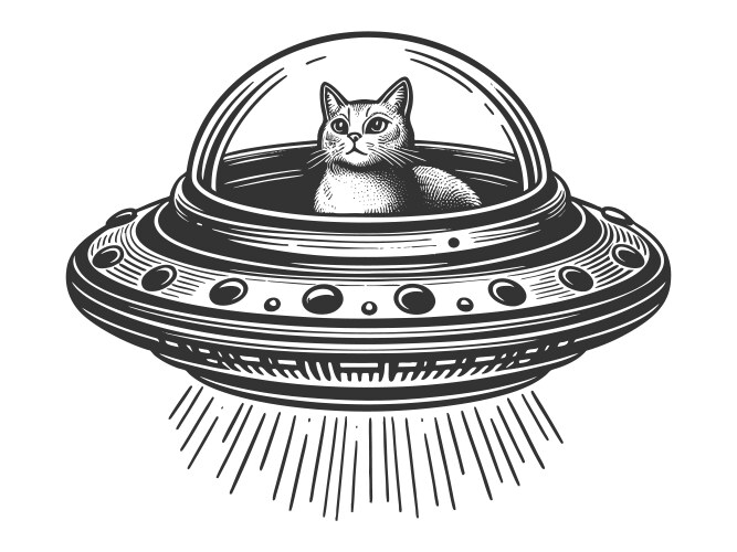 Cute alien cat piloting ufo engraving Vector Image