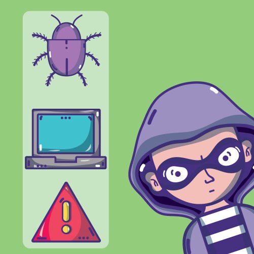 Hacker with cybercrimes and virus symbols vector image