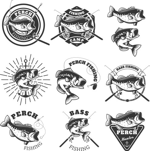 Bass fishing labels perch fish emblems templates Vector Image