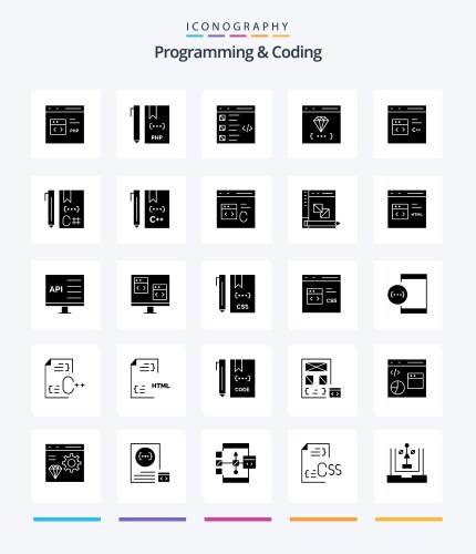 Creative programming and coding 25 glyph solid vector image