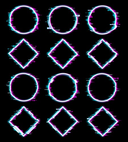 neon colors geometric figures with glitch effect vector image