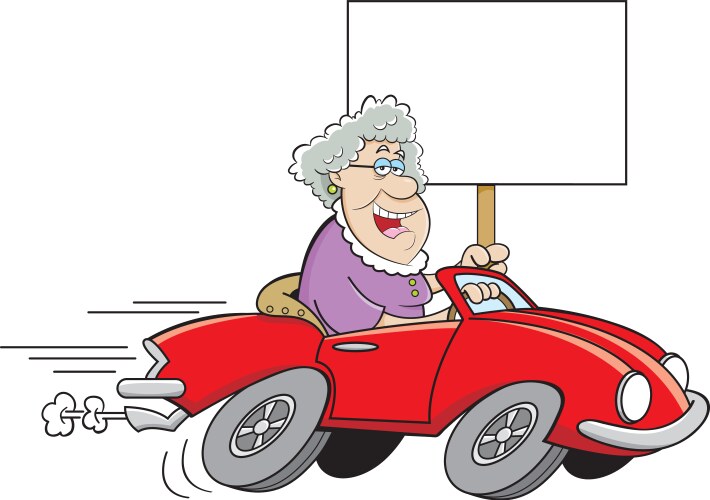Smiling Elderly Woman Driving a Red Sports Car Vector Image