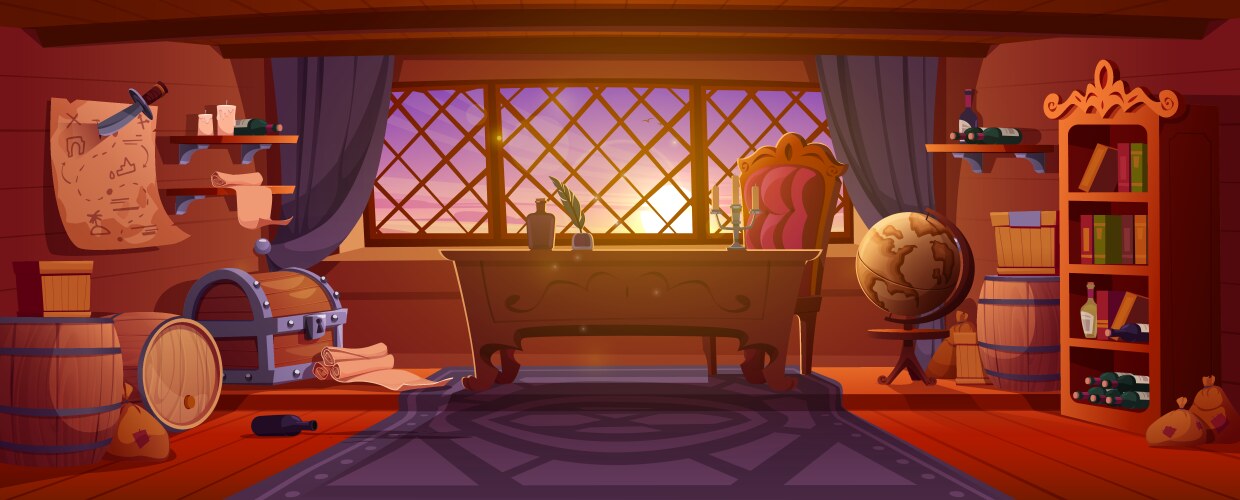 old pirate ship cabin inside at sunset vector