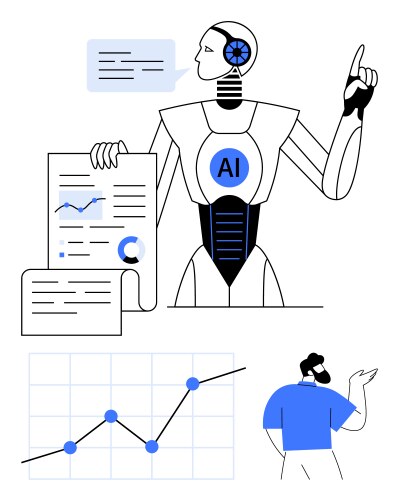 Ai-powered robot analyzing data pointing up vector image