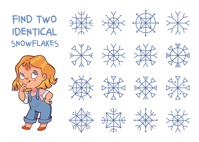 Find two identical snowflakes 2 same objects vector image