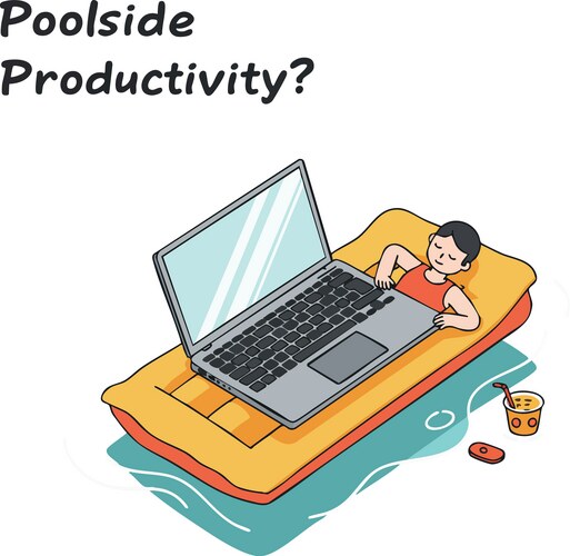 Man relaxing on inflatable pool float with laptop vector image