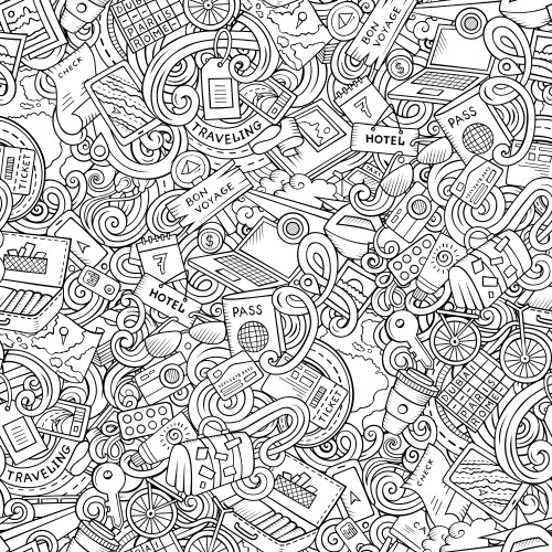 Traveling hand drawn doodles seamless pattern vector image