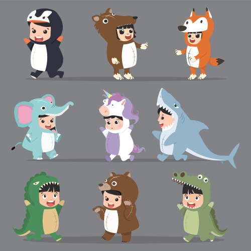 Kid characters in animals costumes set Vector Image