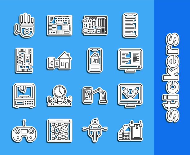 Set line 3d printer bot computer monitor screen vector image