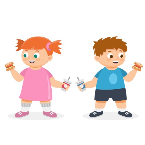 Fat boy and girl are eating fast food at white Vector Image