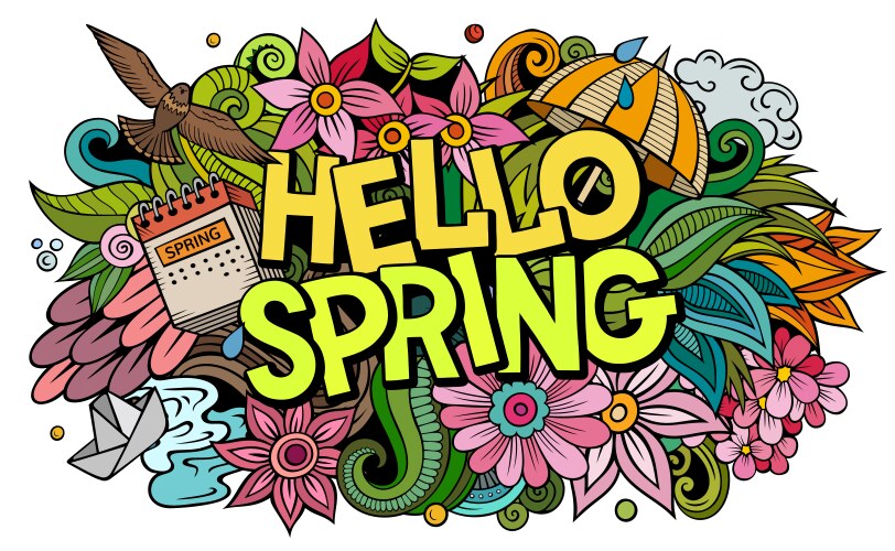 hello spring hand drawn cartoon doodles vector