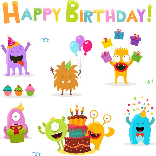 Cute Monster Birthday Set Vector Image