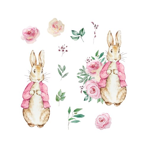 Watercolor Rabbit with Floral Elements Vector Image