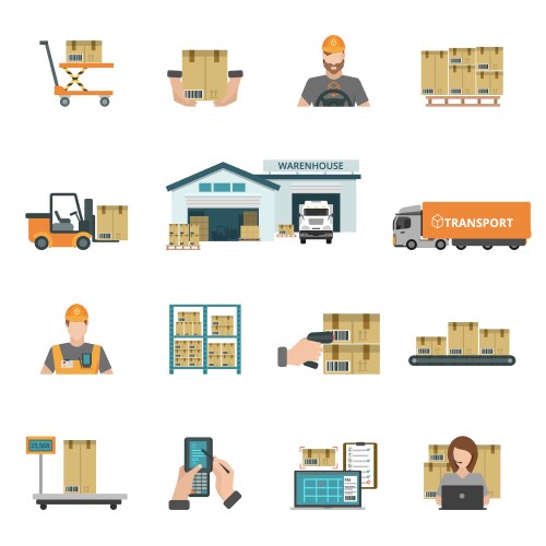 Warehouse logistic storage icons set Royalty Free Vector