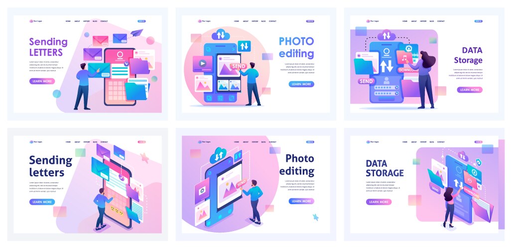 Set of landing pages for working with mobile app vector image
