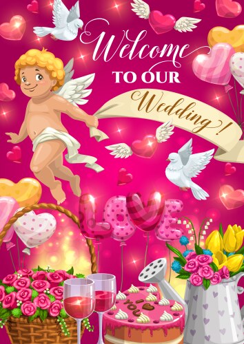 cupid with wedding cake gifts and love hearts vector image