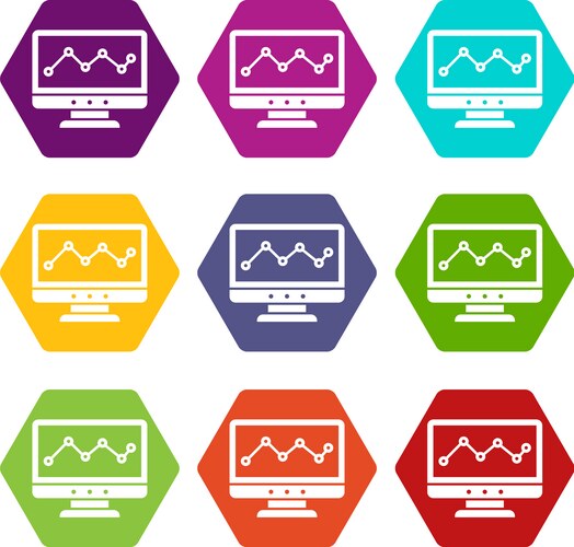 Graph in computer screen icon set color hexahedron vector image