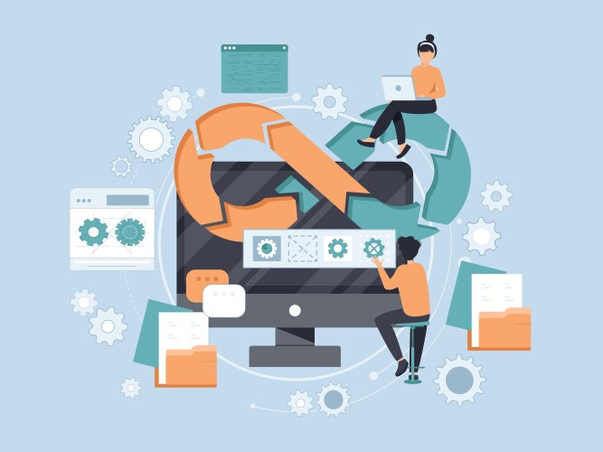 Devops developers work with computers scene vector image