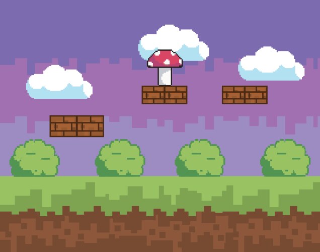 Arcade game world and pixel scene design vector image