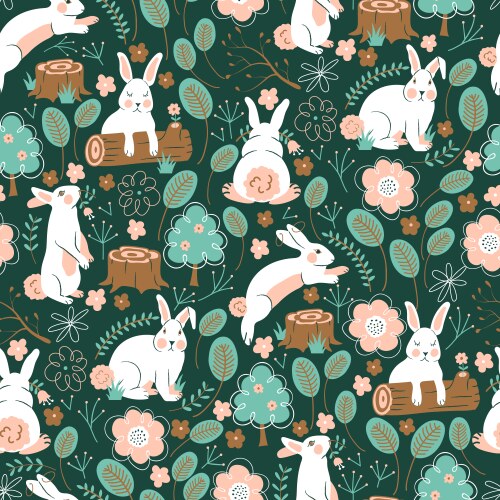 Forest Bunnies Seamless Pattern – Royalty-Free Vector | VectorStock