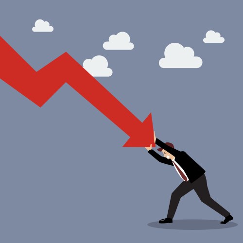 Businessman pushing hard against falling graph vector image