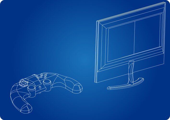 3d model of joystick and monitor on a blue vector image