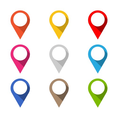 Set of colored map pointers with long shadow vector image