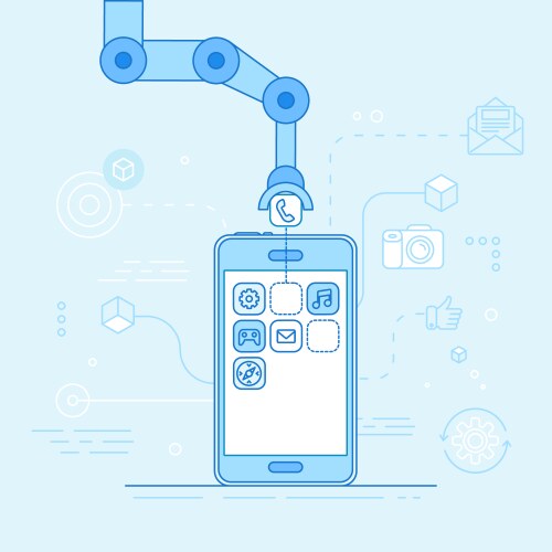 app development concept - robotic hand putting vector image vector image