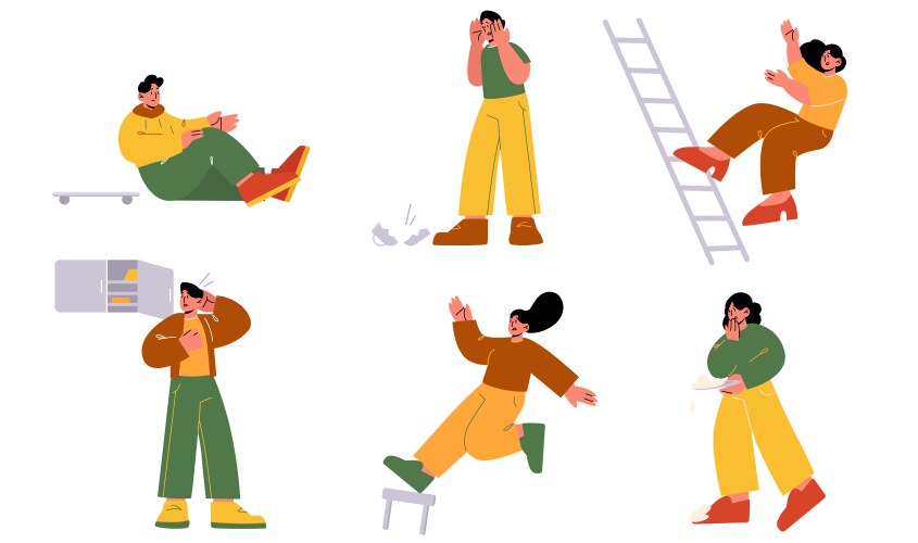 Clumsy people fall from ladder stool fail Vector Image