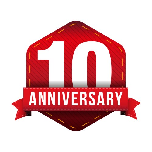 Ten year anniversary badge with red ribbon vector image