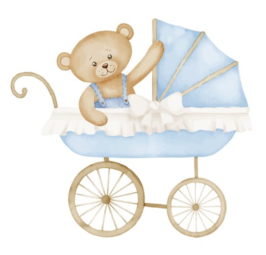 watercolor baby pram with teddy bear in vintage vector