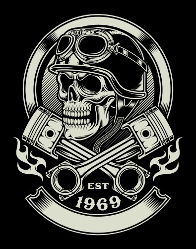 Vintage Biker Skull with Crossed Pistons Vector Image