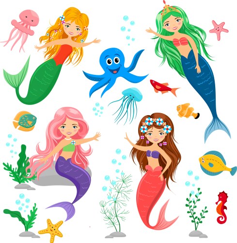 Adorable Mermaid and Sea Creature Set Vector Image