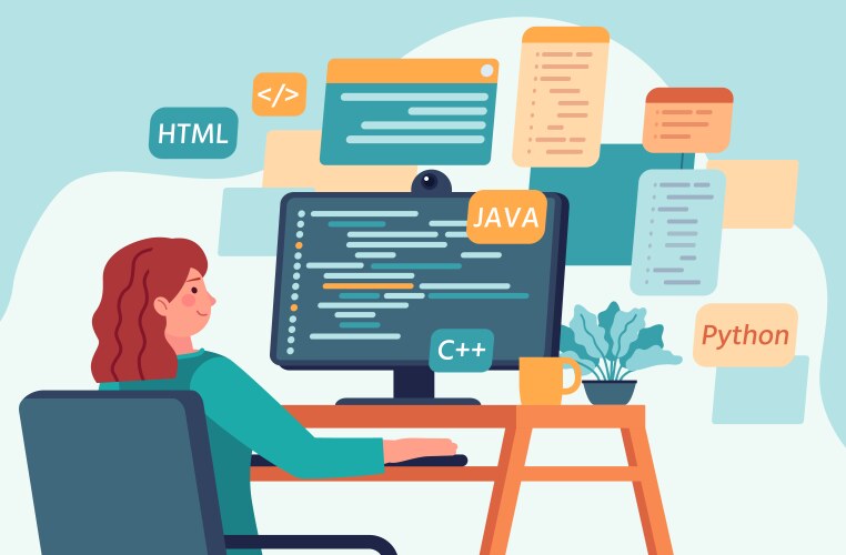 web designer and programmer working at desktop vector