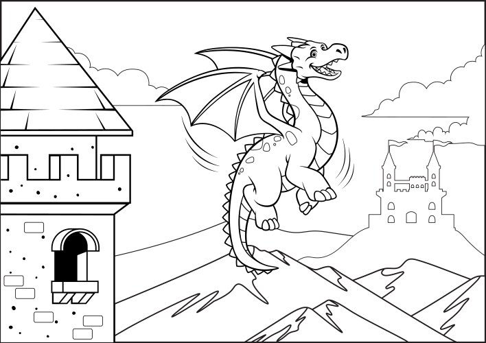 Black and White Dragon Coloring Page - Castle Scen Vector Image