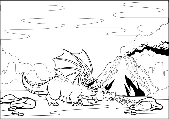 Black and White Dragon Coloring Page Vector Image