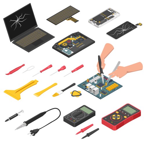 Electronics repair isometric set vector image