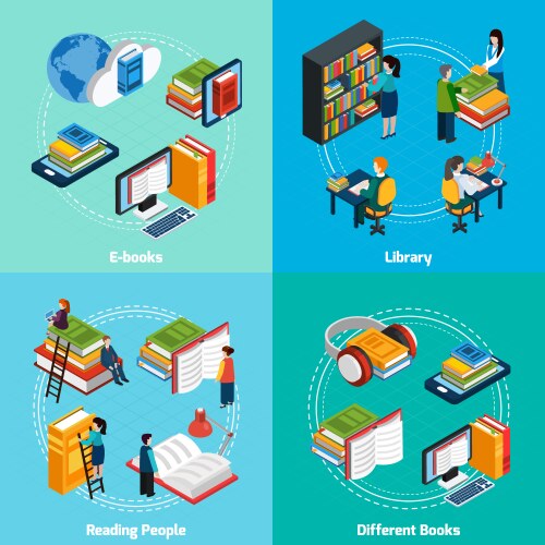 Isometric online library students reading books Vector Image