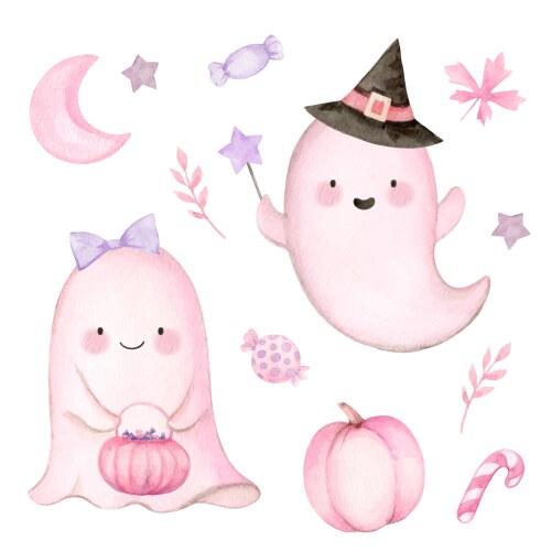 Watercolor Halloween Ghosts - Cute Clip Art Vector Image