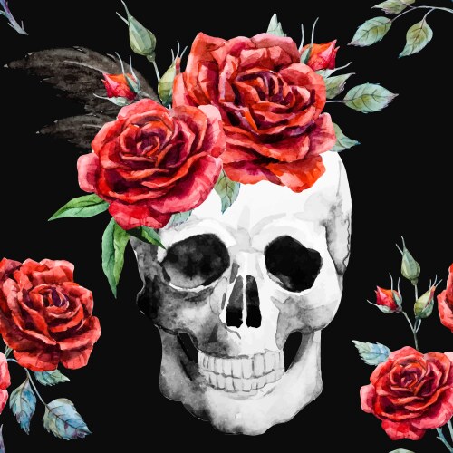 Watercolor Skull & Roses Pattern Vector Image