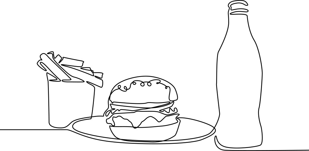 Continuous Line Fries, Burger, Soda Vector Image
