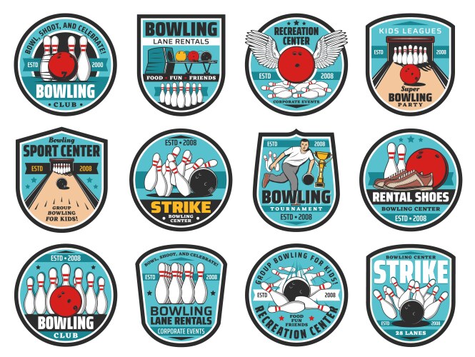 Bowling club icons skittles and ball on alley Vector Image