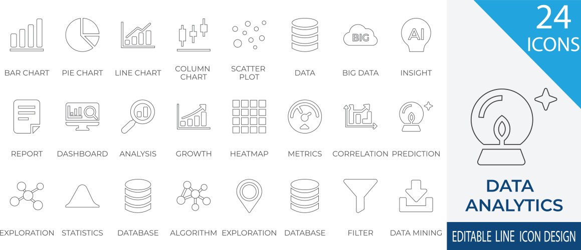 Data analytics and visualization line icons set vector image