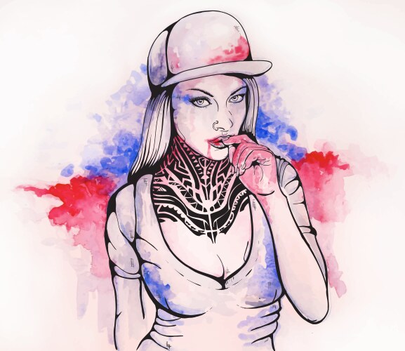 Tattooed Woman with Crimson Lips Vector Image