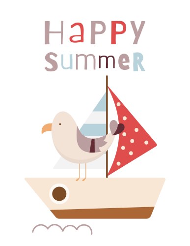 cute seagull on sail boat summer poster vector