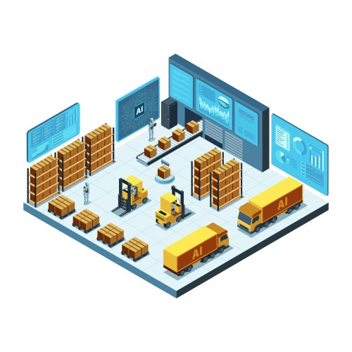 Isometric ai-powered logistics hub with automated vector image