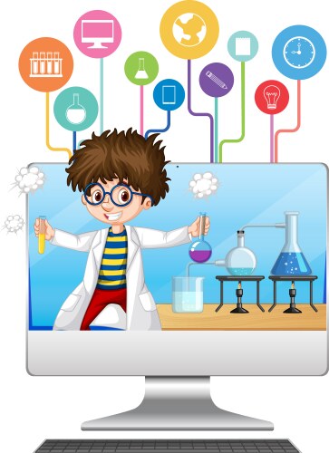 computer with scientist kid cartoon character vector image