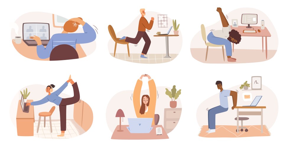 employees working from home or office stretching vector image