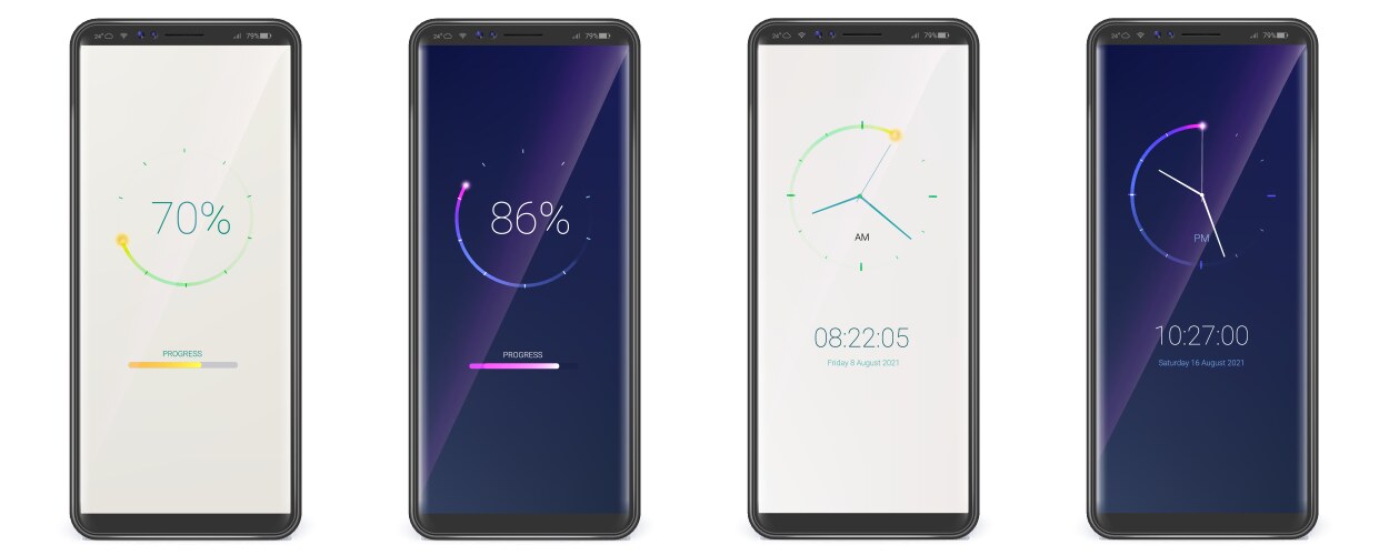 Set smartphones with clock and progress bar ui vector image